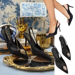 🆕 KURT GEIGER LONDON 🧿 NWOB Belgravia Black Crystal Sling Back Heel, Sz 38 7.5